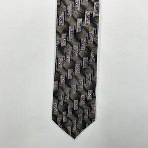 Vtg Picone Men’s Neck Tie 4” Black Blue Beige Silk Geometric Necktie USA